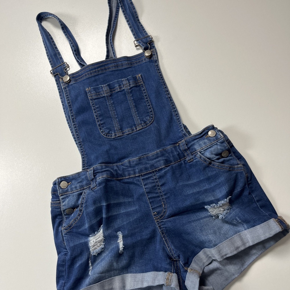 Wax Jeans Overall Shorts Size L Distressed Denim Bib Shorts Dark Wash Retro 90s